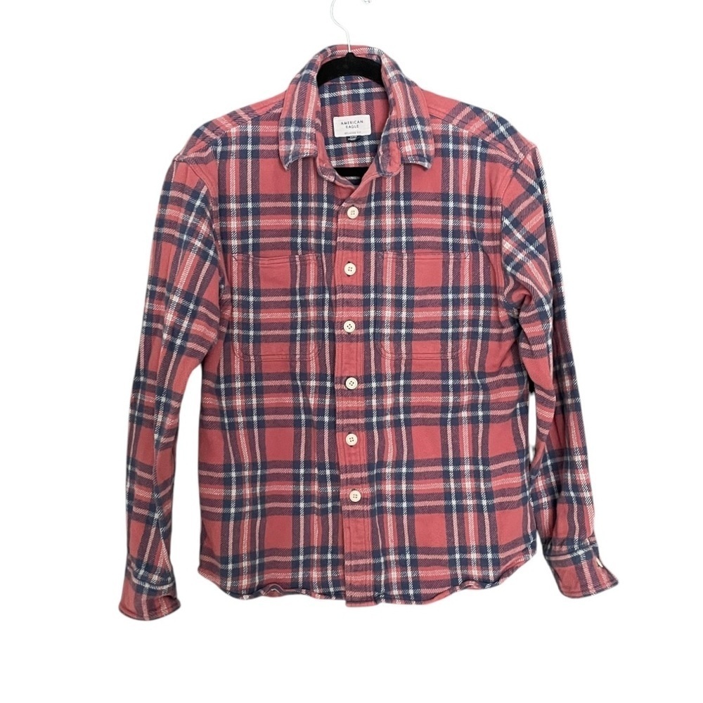 AEO Plaid Relaxed Fit Button Front Long Sleeve Shirt Pink Blue S